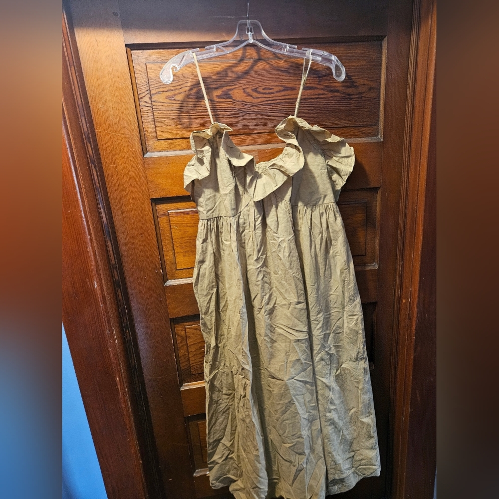 H&M 100% Cotton Ruffled Khaki Sleeveless Midi Dress